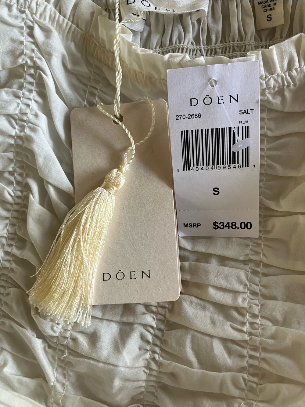 Dôen Katherina Smocked Ruched Short Puff Sleeve Midi Dress in Salt - Size Small - Picture 9 of 11